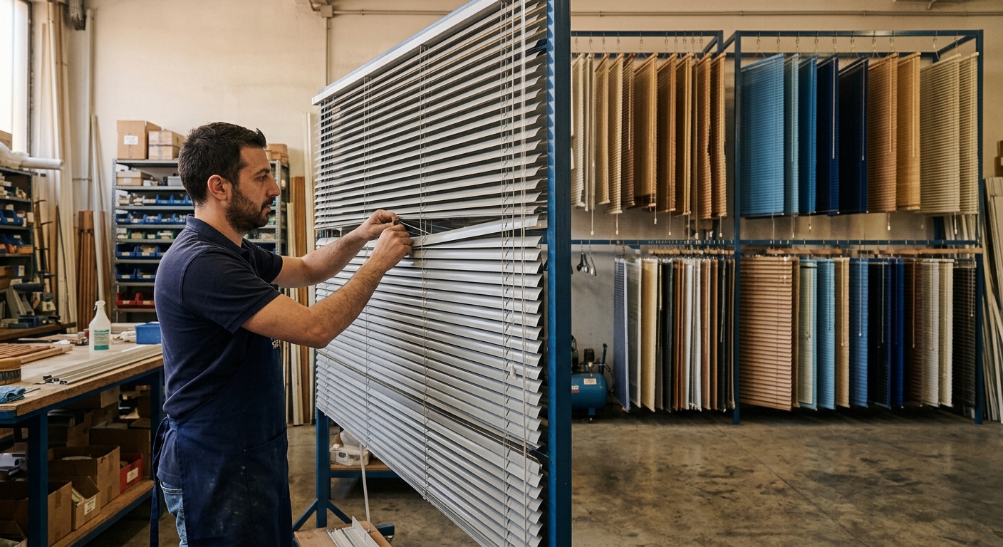 Tecnico in officina regola veneziane metalliche bianche, con campioni colorati appesi sullo sfondo.